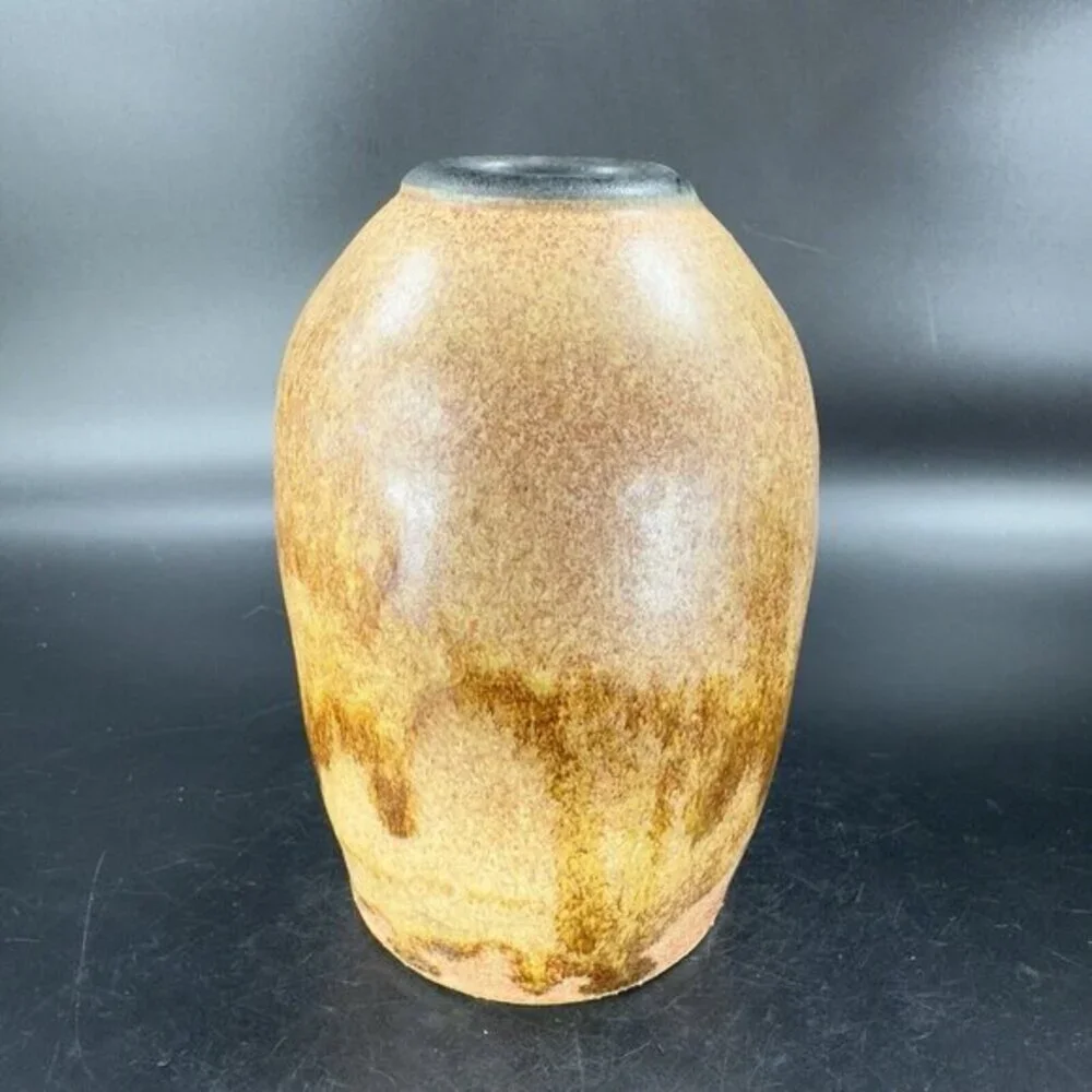 Vintage Hand Made Pottery Vase Vessel Brown‎ Drip Glaze Artists Marked Vase VTG